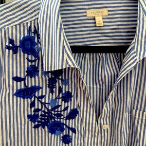 Talbots Blue Casual Button Down Shirt with Vertical Stripes
